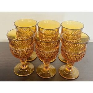 Vintage Indiana Glass Amber Diamond Point 6.5" Water Goblet with Stem - Set of 6